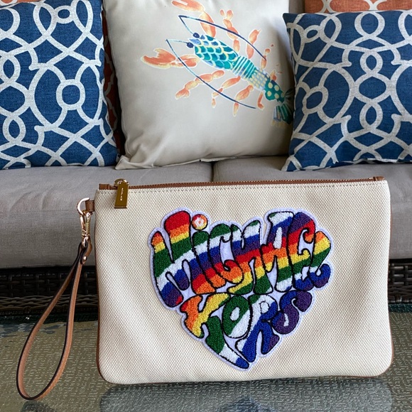 Michael Kors White Canvas Raised Rainbow Logo Heart Wristlet Or Clutch - Picture 13 of 13